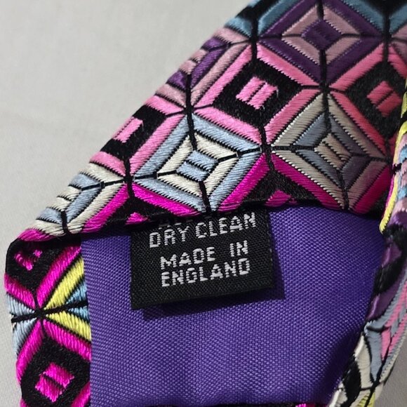 Duchamp London Hand Made England Silk Necktie Multi Square Geo  3 5/8" x 59 1/2" - Picture 6 of 6
